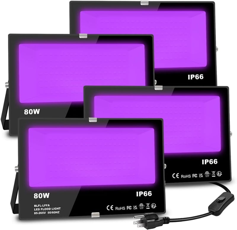 MELPO Black Light 80W Blacklight Flood Light Outdoor for Glow Party, Halloween Decoration, Body Paint, Fluorescent Poster, Stage Lighting，Neon Glow, IP66, US-Plug-Switch-5.9Ft Cord(4 Pack) - Image 1
